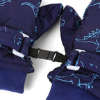 Kids' Dinosaur Patterned Warm Ski Mittens with Waterproof Shell, Adjustable Wrist Straps, and Anti-Loss Clip for Winter Outdoor Play, Snow, and Cold Weather Adventures (L, Grey)