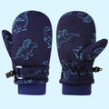 Kids' Dinosaur Patterned Warm Ski Mittens with Waterproof Shell, Adjustable Wrist Straps, and Anti-Loss Clip for Winter Outdoor Play, Snow, and Cold Weather Adventures (L, Navy)