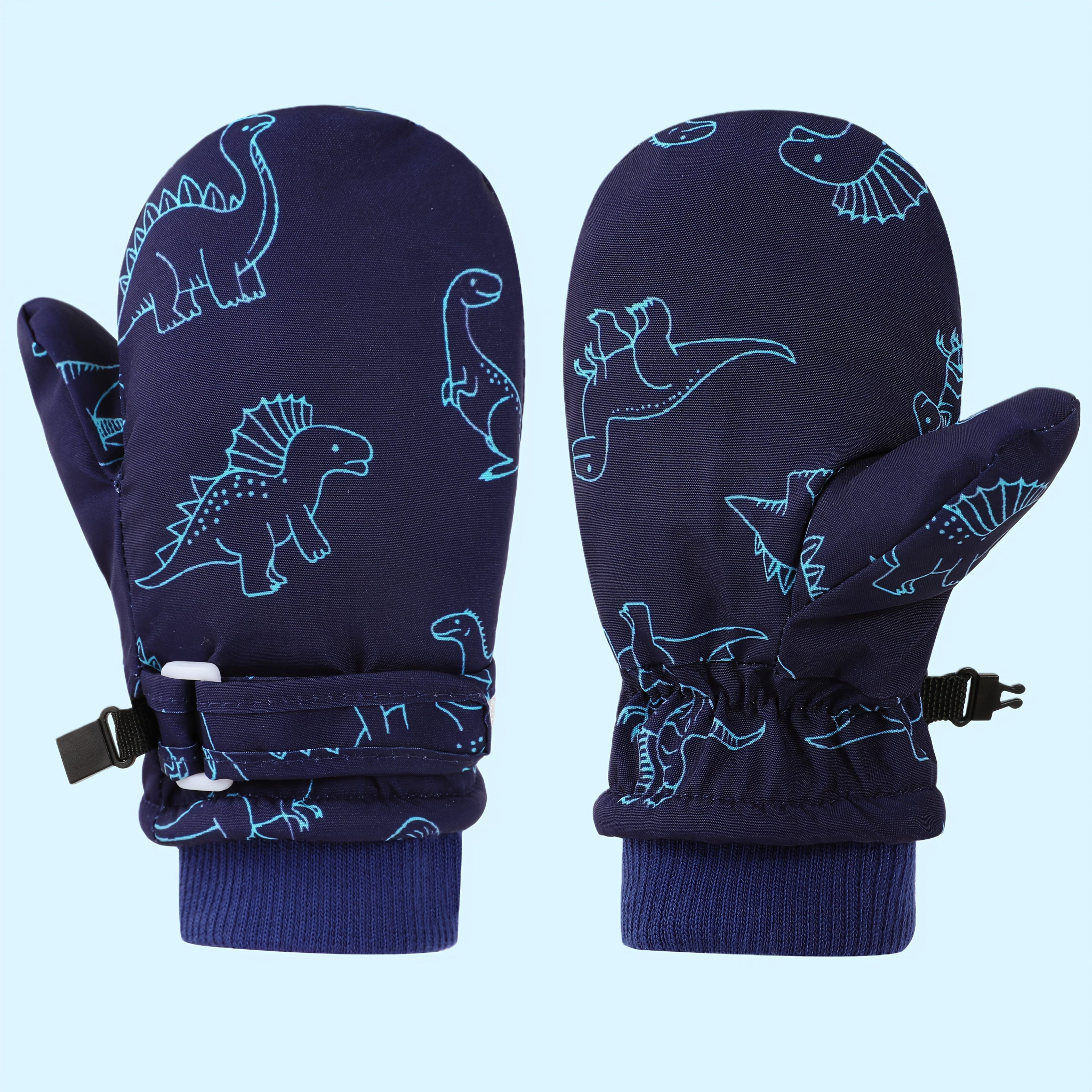 Kids' Dinosaur Patterned Warm Ski Mittens with Waterproof Shell, Adjustable Wrist Straps, and Anti-Loss Clip for Winter Outdoor Play, Snow, and Cold Weather Adventures (L, Pink)