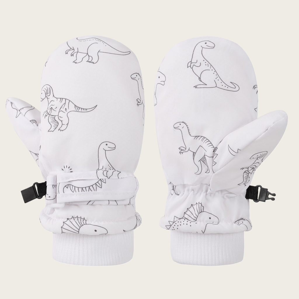 Kids' Dinosaur Patterned Warm Ski Mittens with Waterproof Shell, Adjustable Wrist Straps, and Anti-Loss Clip for Winter Outdoor Play, Snow, and Cold Weather Adventures (L, Pink)