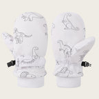 Kids' Dinosaur Patterned Warm Ski Mittens with Waterproof Shell, Adjustable Wrist Straps, and Anti-Loss Clip for Winter Outdoor Play, Snow, and Cold Weather Adventures (L, White)