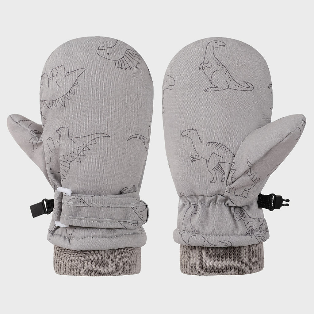 Kids' Dinosaur Patterned Warm Ski Mittens with Waterproof Shell, Adjustable Wrist Straps, and Anti-Loss Clip for Winter Outdoor Play, Snow, and Cold Weather Adventures (L, White)