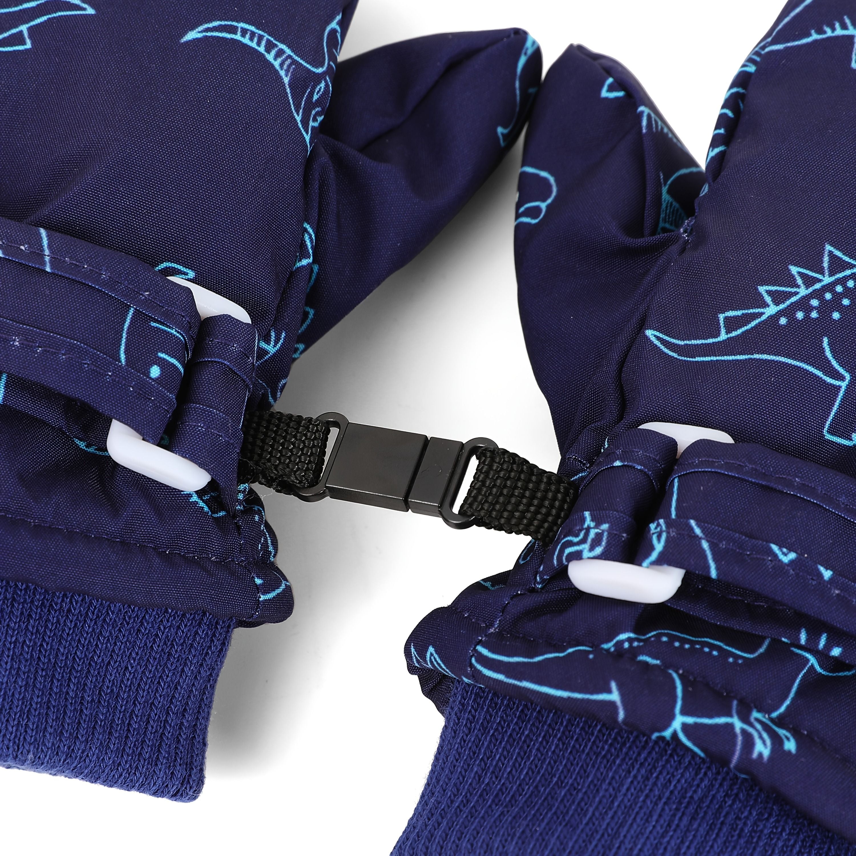 Kids' Dinosaur Patterned Warm Ski Mittens with Waterproof Shell, Adjustable Wrist Straps, and Anti-Loss Clip for Winter Outdoor Play, Snow, and Cold Weather Adventures (M, Grey)