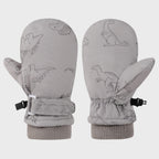Kids' Dinosaur Patterned Warm Ski Mittens with Waterproof Shell, Adjustable Wrist Straps, and Anti-Loss Clip for Winter Outdoor Play, Snow, and Cold Weather Adventures (M, White)