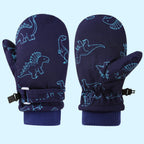 Kids' Dinosaur Patterned Warm Ski Mittens with Waterproof Shell, Adjustable Wrist Straps, and Anti-Loss Clip for Winter Outdoor Play, Snow, and Cold Weather Adventures (M, White)