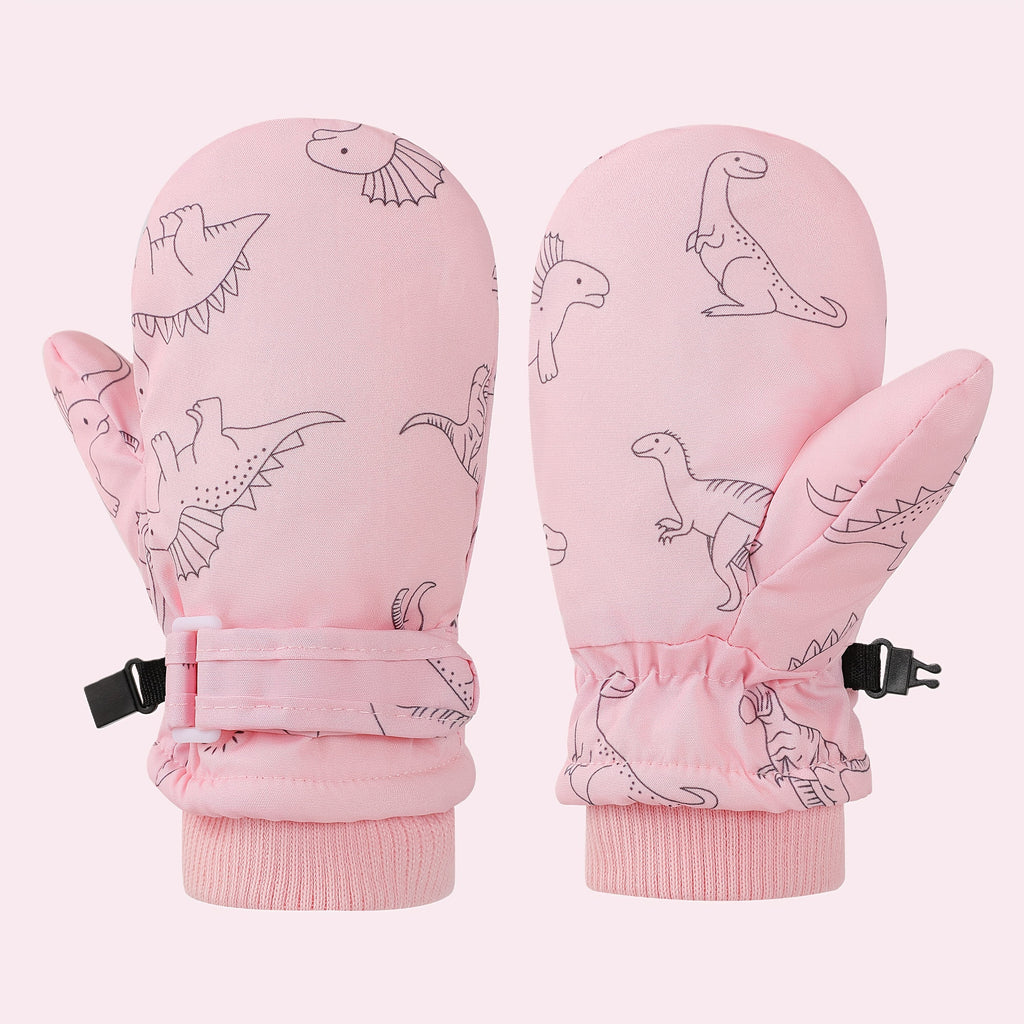 Kids' Dinosaur Patterned Warm Ski Mittens with Waterproof Shell, Adjustable Wrist Straps, and Anti-Loss Clip for Winter Outdoor Play, Snow, and Cold Weather Adventures (S, Navy)