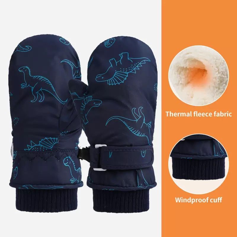 Kids' Dinosaur Patterned Warm Ski Mittens with Waterproof Shell, Adjustable Wrist Straps, and Anti-Loss Clip for Winter Outdoor Play, Snow, and Cold Weather Adventures (S, Pink)