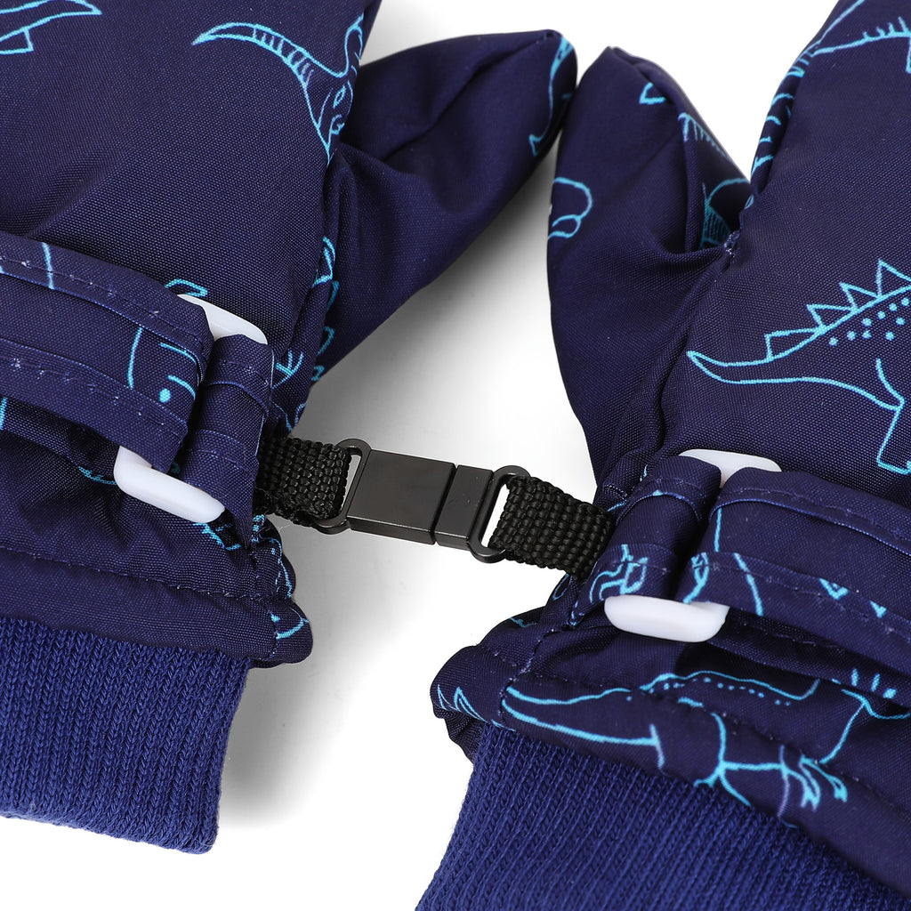 Kids' Dinosaur Patterned Warm Ski Mittens with Waterproof Shell, Adjustable Wrist Straps, and Anti-Loss Clip for Winter Outdoor Play, Snow, and Cold Weather Adventures (S, Pink)