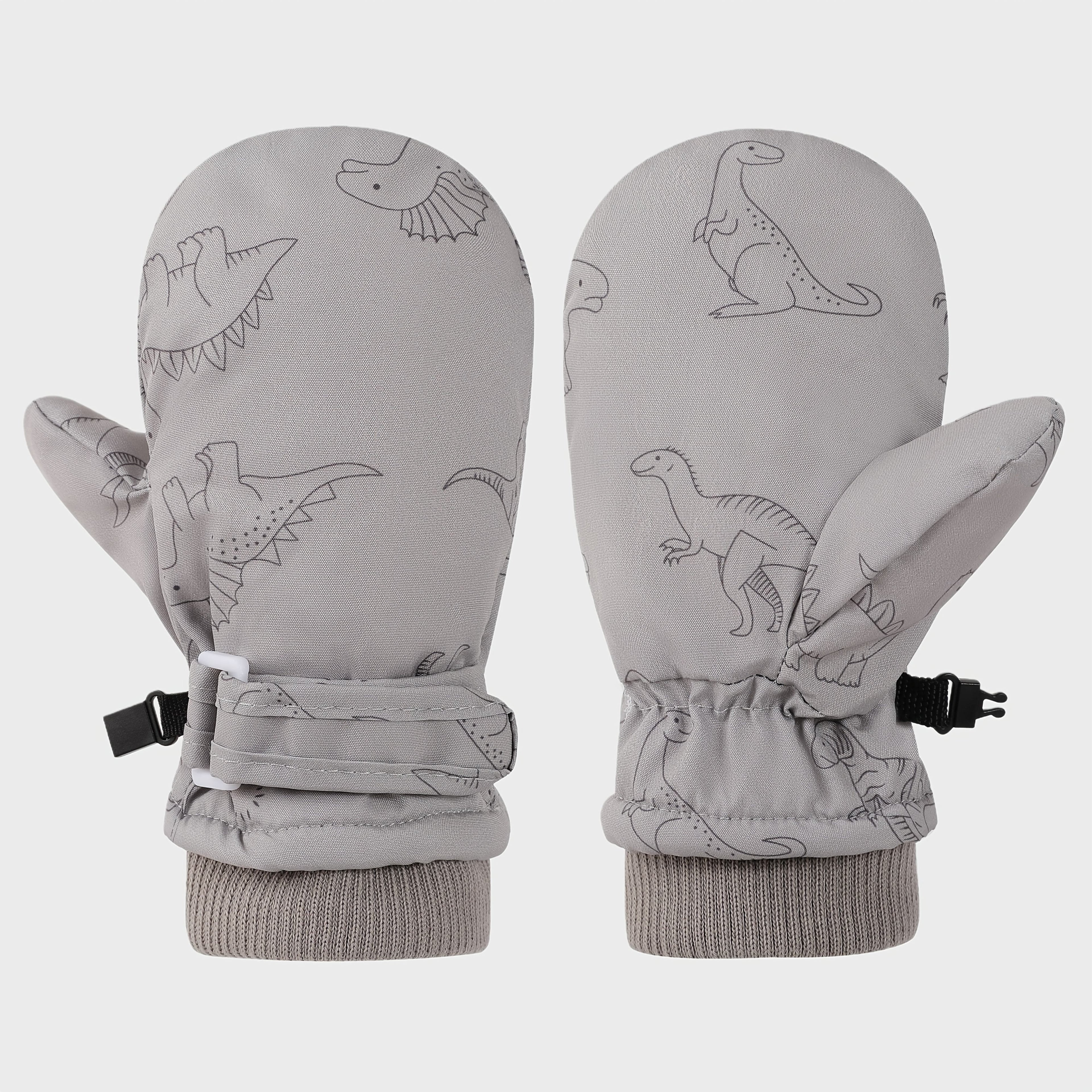 Kids' Dinosaur Patterned Warm Ski Mittens with Waterproof Shell, Adjustable Wrist Straps, and Anti-Loss Clip for Winter Outdoor Play, Snow, and Cold Weather Adventures (S, Pink)
