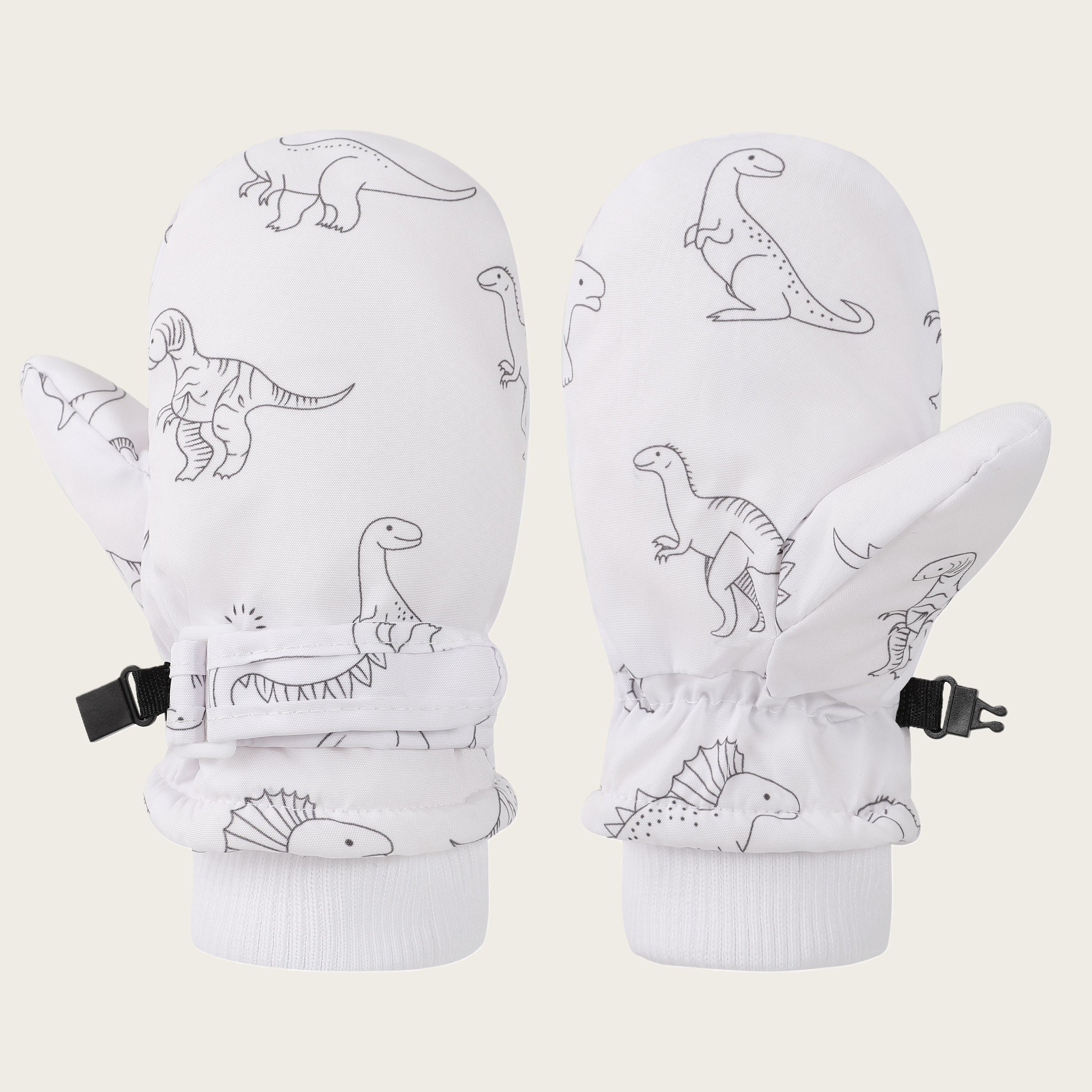 Kids' Dinosaur Patterned Warm Ski Mittens with Waterproof Shell, Adjustable Wrist Straps, and Anti-Loss Clip for Winter Outdoor Play, Snow, and Cold Weather Adventures (S, Pink)