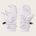 Kids' Dinosaur Patterned Warm Ski Mittens with Waterproof Shell, Adjustable Wrist Straps, and Anti-Loss Clip for Winter Outdoor Play, Snow, and Cold Weather Adventures (S, White)