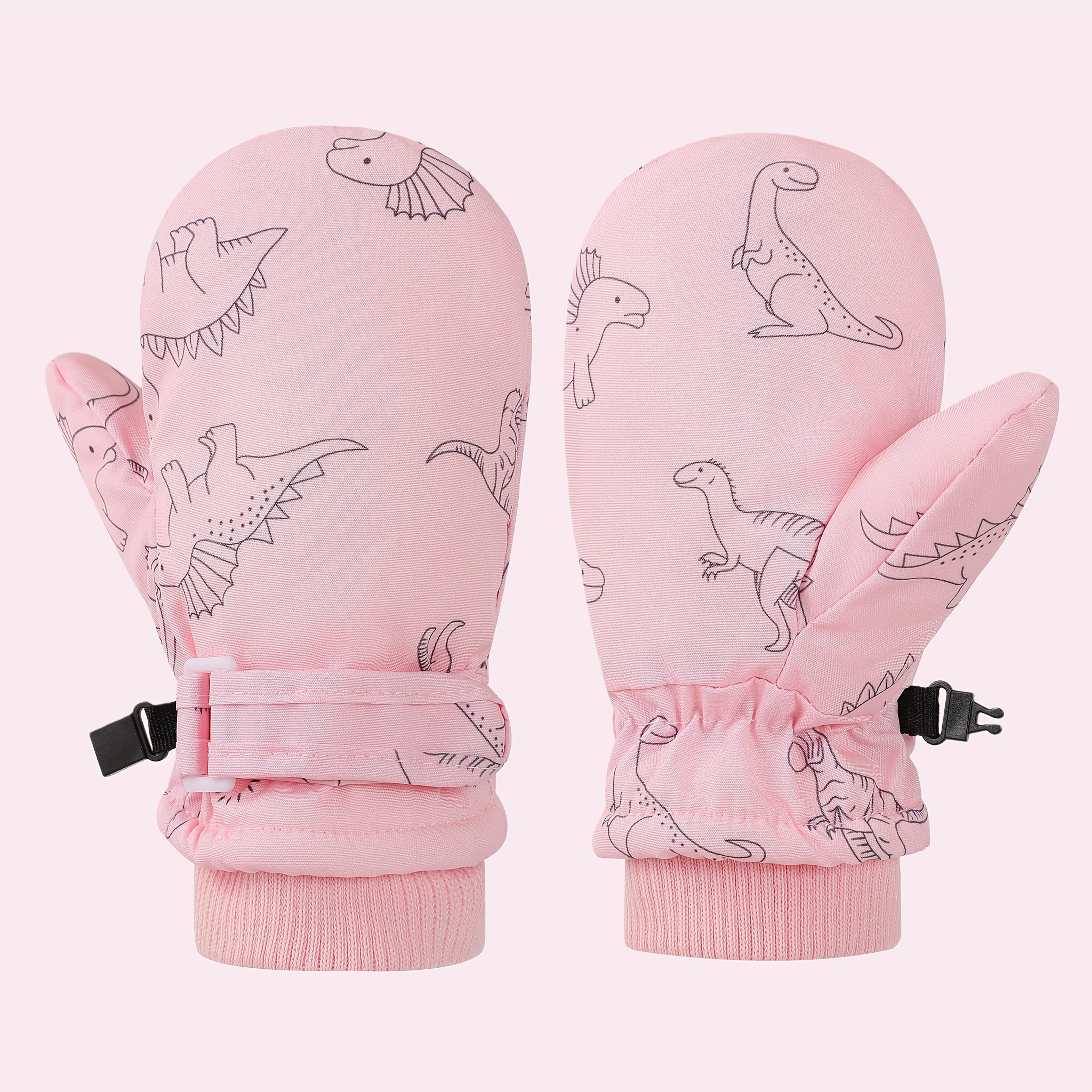 Kids' Dinosaur Patterned Warm Ski Mittens with Waterproof Shell, Adjustable Wrist Straps, and Anti-Loss Clip for Winter Outdoor Play, Snow, and Cold Weather Adventures (S, White)