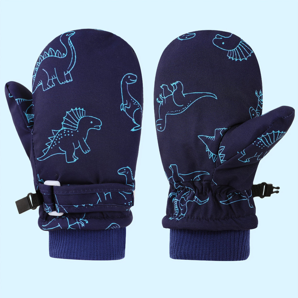 Kids' Dinosaur Patterned Warm Ski Mittens with Waterproof Shell, Adjustable Wrist Straps, and Anti-Loss Clip for Winter Outdoor Play, Snow, and Cold Weather Adventures (S, White)