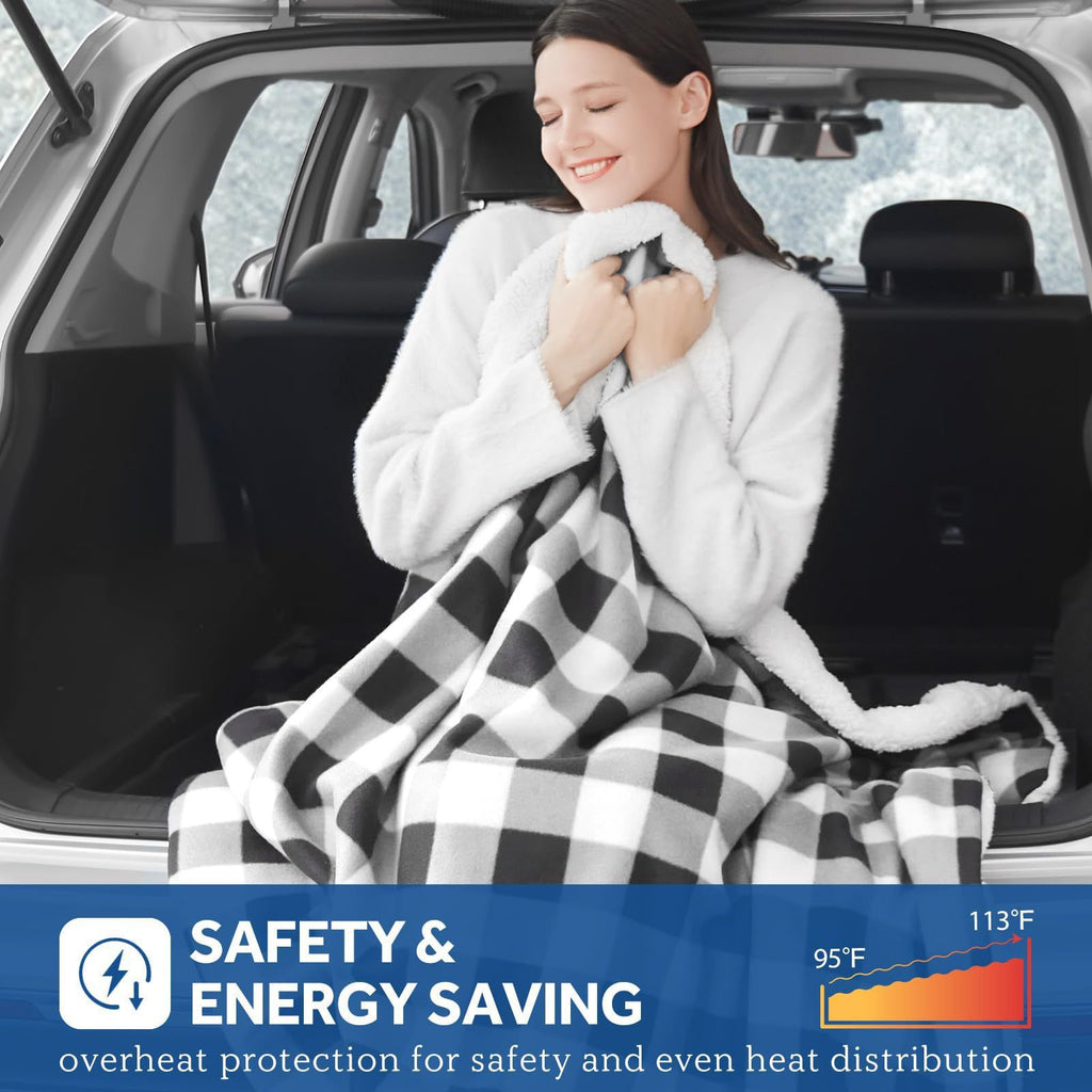 12V Car Electric Blanket for Cozy Winter Travel – Soft Fleece Heating Throw for Cars, Trucks, RVs, and Camping – Dual-Color Plaid Design with Warm Sherpa Lining – Portable, Safe, and Energy-Efficient (Black)