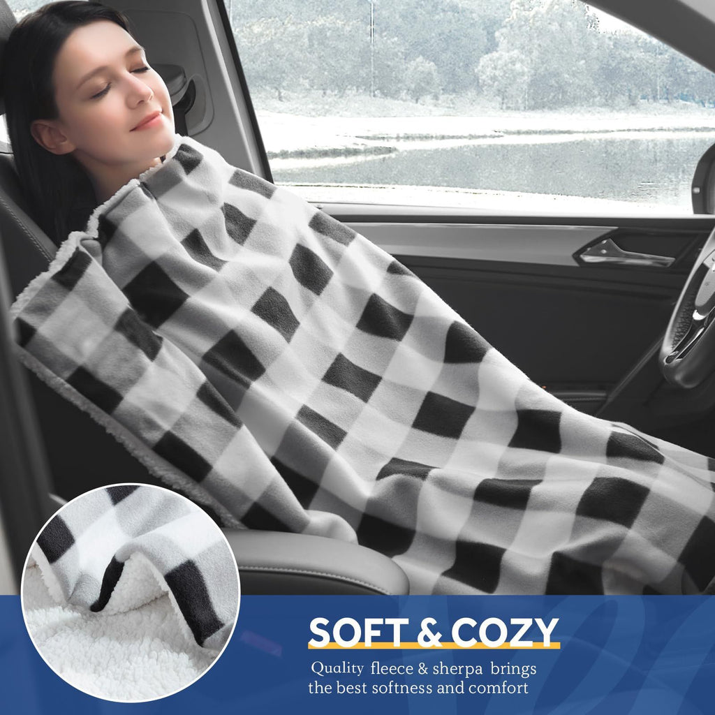 12V Car Electric Blanket for Cozy Winter Travel – Soft Fleece Heating Throw for Cars, Trucks, RVs, and Camping – Dual-Color Plaid Design with Warm Sherpa Lining – Portable, Safe, and Energy-Efficient (Black)