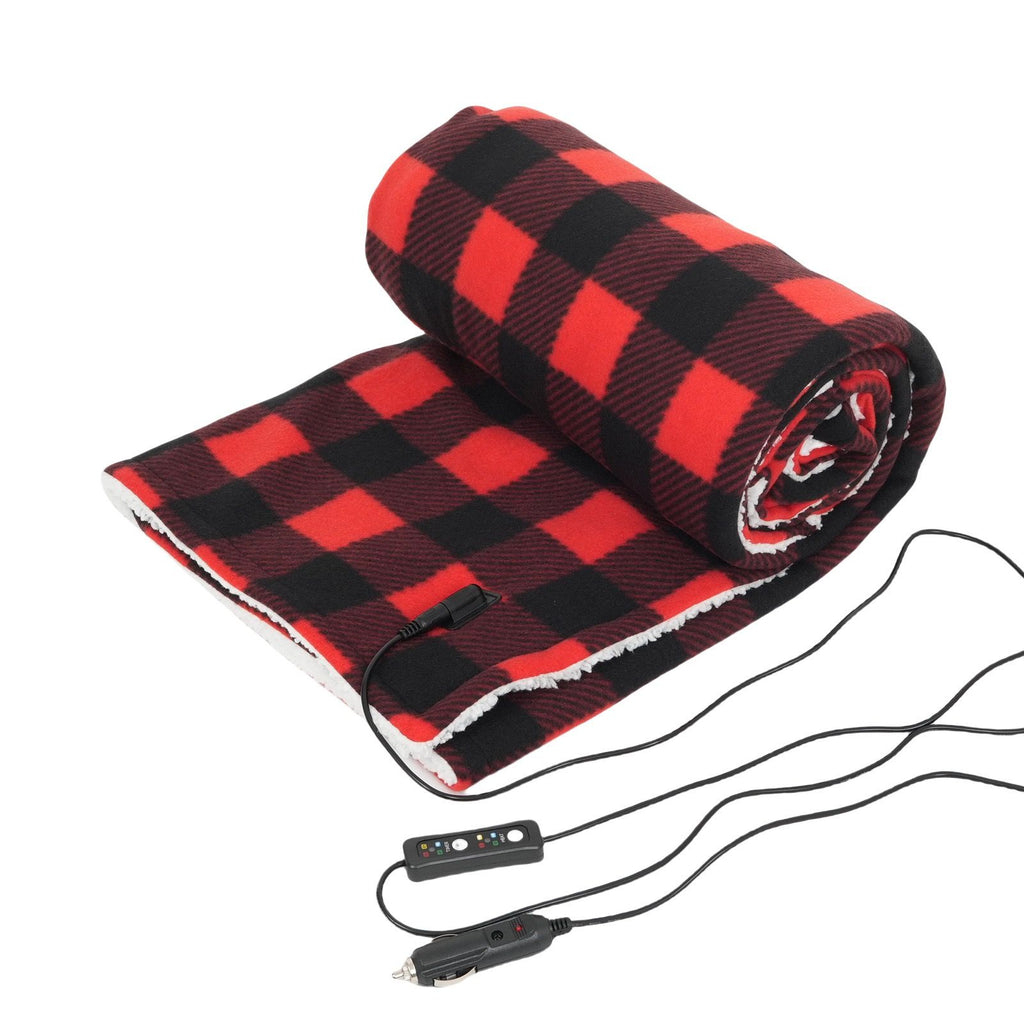 12V Car Electric Blanket for Cozy Winter Travel – Soft Fleece Heating Throw for Cars, Trucks, RVs, and Camping – Dual-Color Plaid Design with Warm Sherpa Lining – Portable, Safe, and Energy-Efficient (Black)