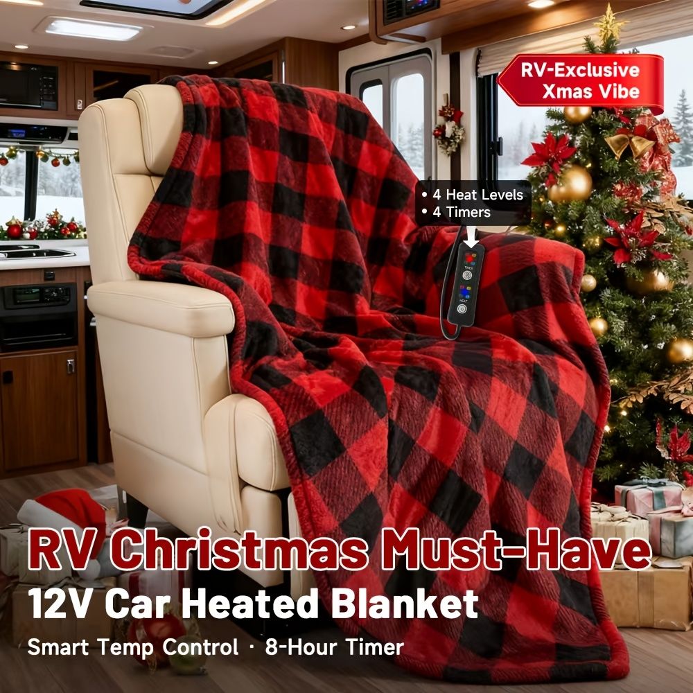 12V Car Electric Blanket for Cozy Winter Travel – Soft Fleece Heating Throw for Cars, Trucks, RVs, and Camping – Dual-Color Plaid Design with Warm Sherpa Lining – Portable, Safe, and Energy-Efficient (Black)