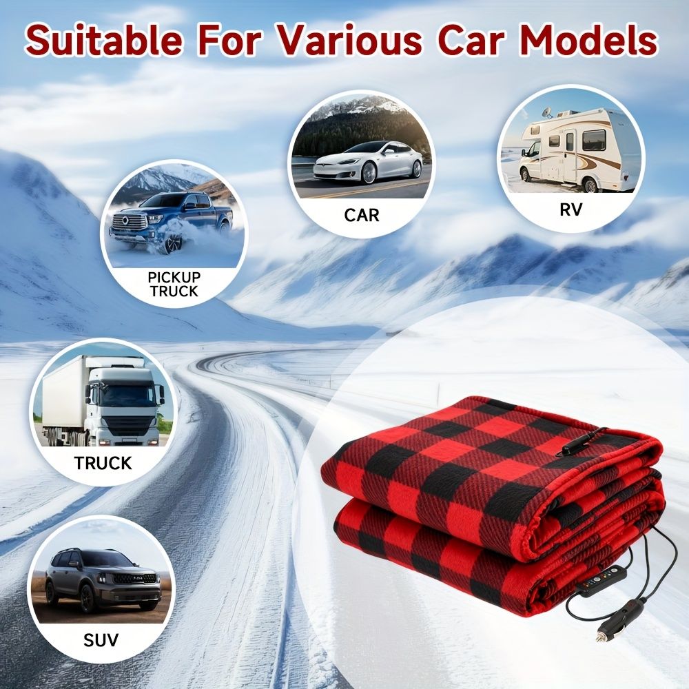 12V Car Electric Blanket for Cozy Winter Travel – Soft Fleece Heating Throw for Cars, Trucks, RVs, and Camping – Dual-Color Plaid Design with Warm Sherpa Lining – Portable, Safe, and Energy-Efficient (Black)