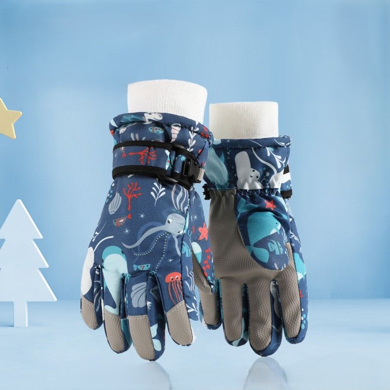 Waterproof Winter Snow Gloves for Kids with Touchscreen, Cartoon Print Design, Warm Fleece Lining, Adjustable Wrist Strap, Ideal for Skiing, Snowman Building, and Outdoor Play (L, White(Monster))