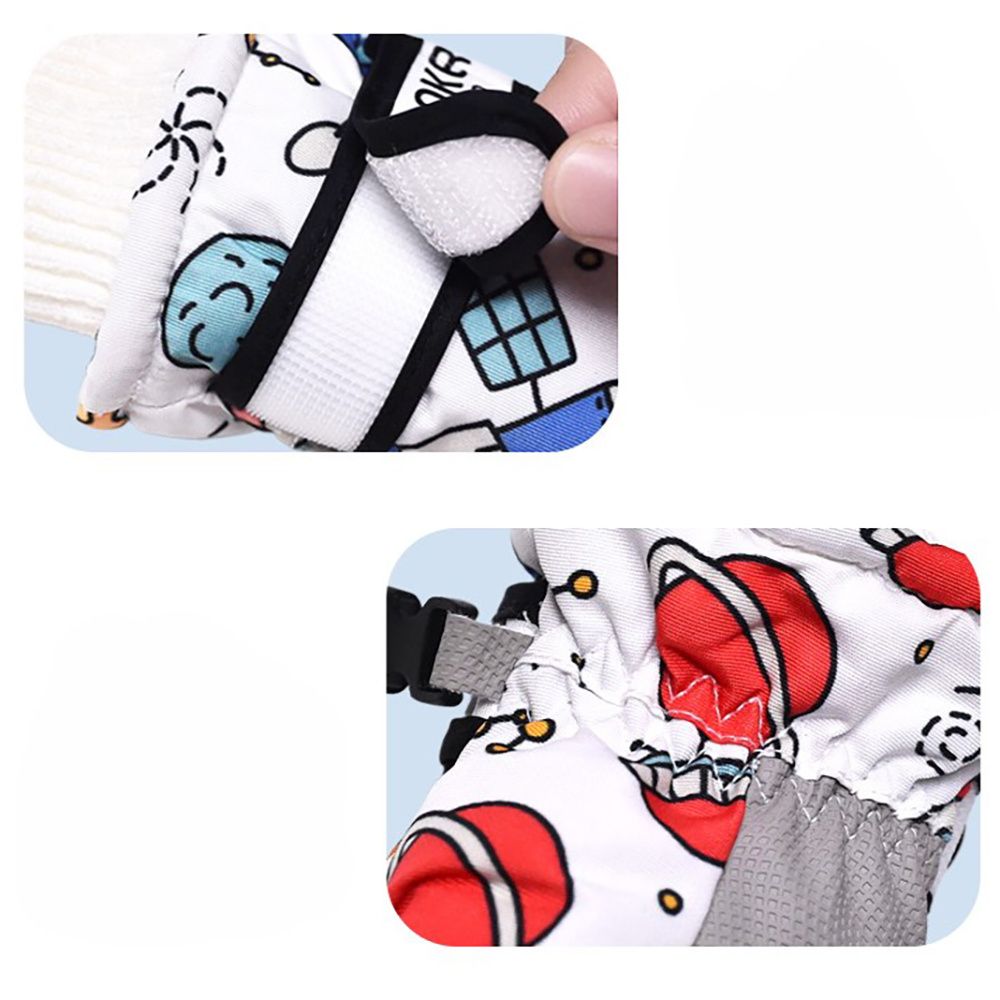 Waterproof Winter Snow Gloves for Kids with Touchscreen, Cartoon Print Design, Warm Fleece Lining, Adjustable Wrist Strap, Ideal for Skiing, Snowman Building, and Outdoor Play (L, White(Panda))