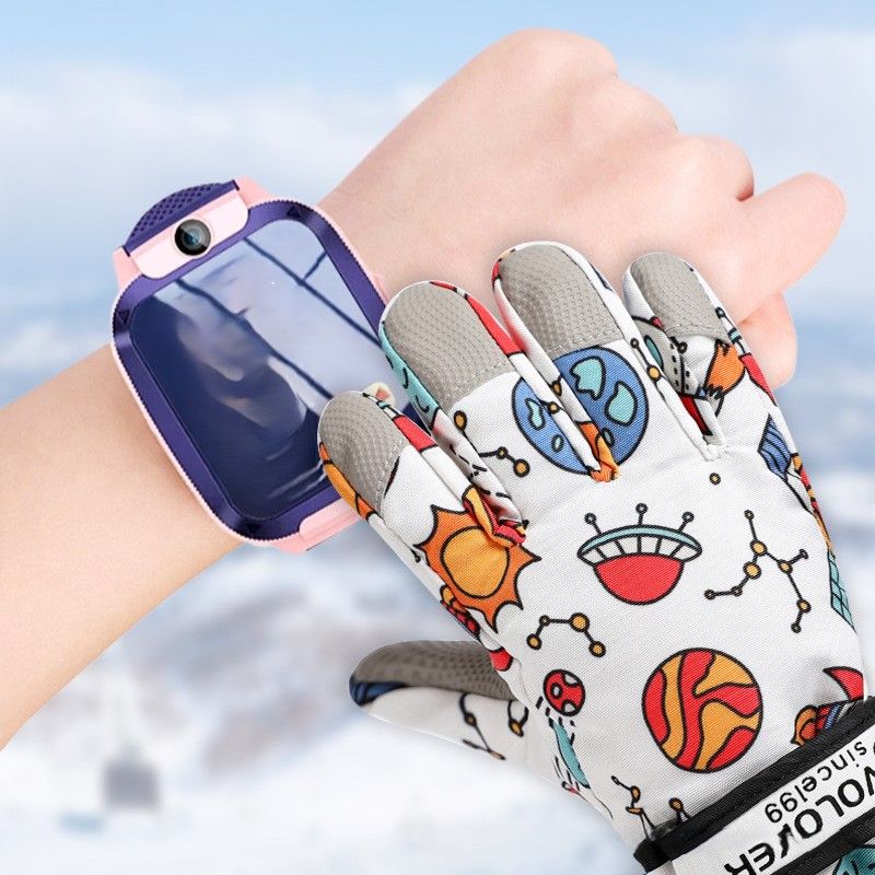 Waterproof Winter Snow Gloves for Kids with Touchscreen, Cartoon Print Design, Warm Fleece Lining, Adjustable Wrist Strap, Ideal for Skiing, Snowman Building, and Outdoor Play (M, White(Monster))