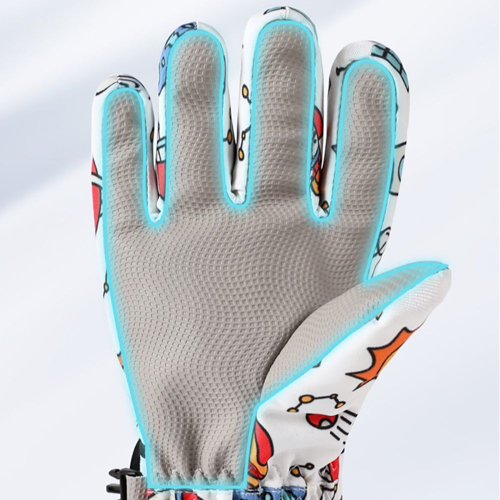 Waterproof Winter Snow Gloves for Kids with Touchscreen, Cartoon Print Design, Warm Fleece Lining, Adjustable Wrist Strap, Ideal for Skiing, Snowman Building, and Outdoor Play (M, White(Monster))