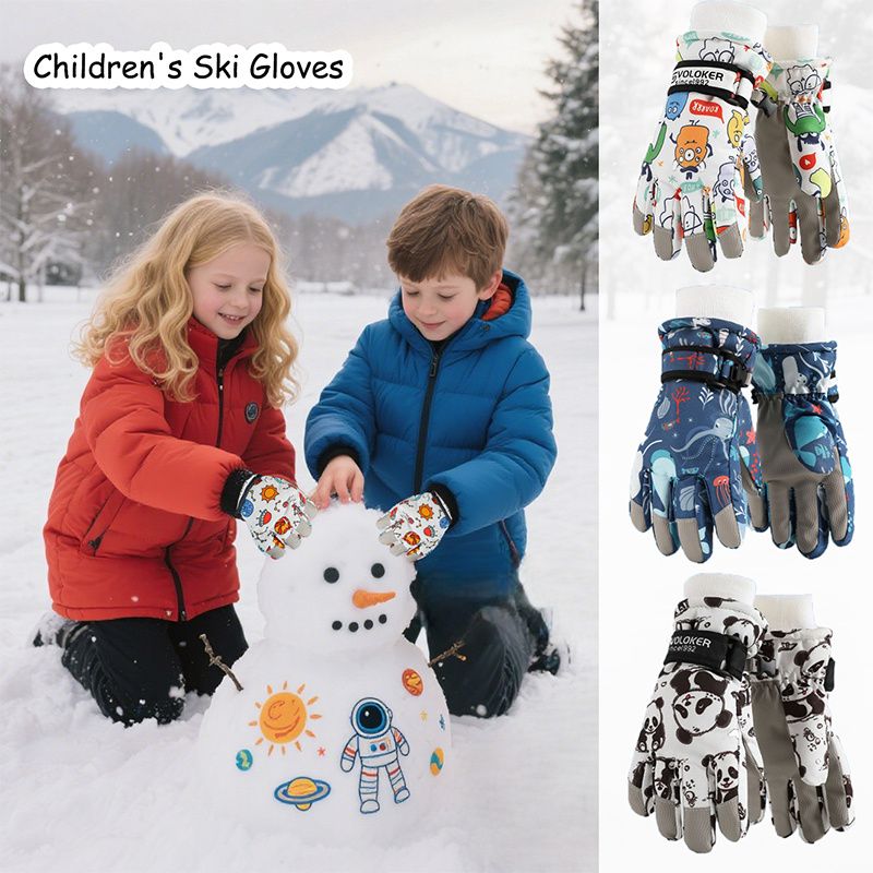 Waterproof Winter Snow Gloves for Kids with Touchscreen, Cartoon Print Design, Warm Fleece Lining, Adjustable Wrist Strap, Ideal for Skiing, Snowman Building, and Outdoor Play (M, White(Space))
