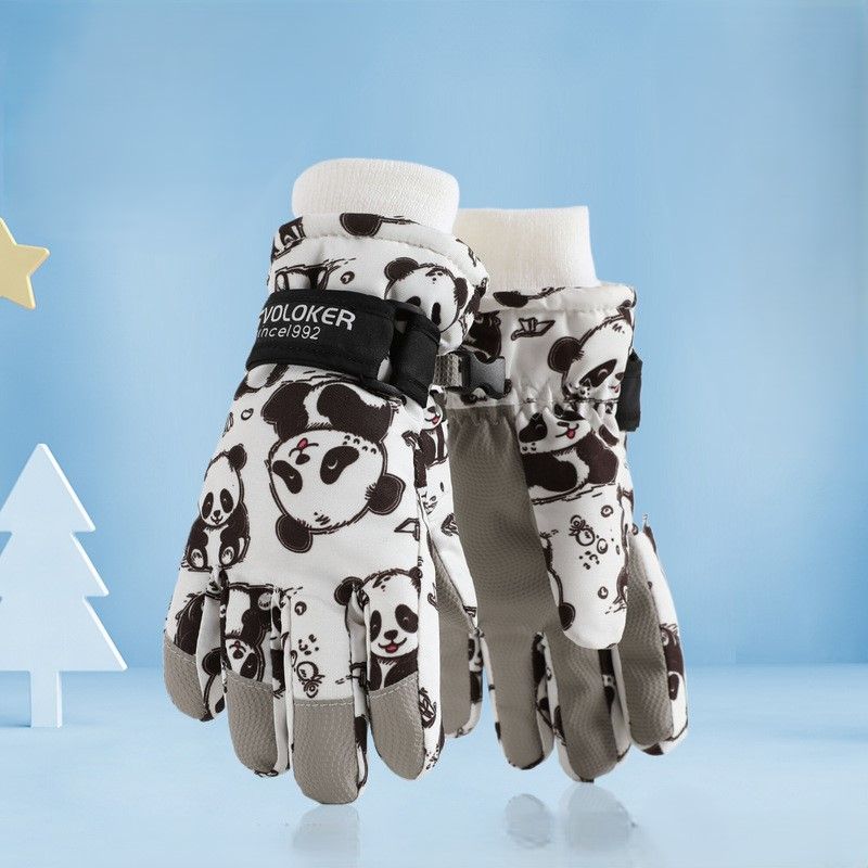 Waterproof Winter Snow Gloves for Kids with Touchscreen, Cartoon Print Design, Warm Fleece Lining, Adjustable Wrist Strap, Ideal for Skiing, Snowman Building, and Outdoor Play (S, Navy)