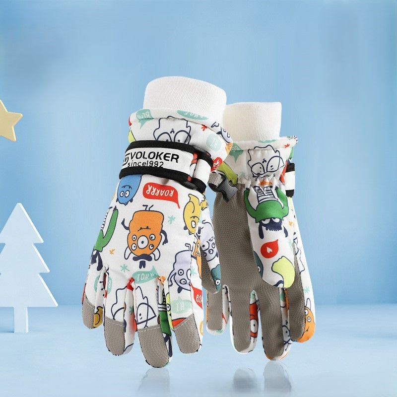 Waterproof Winter Snow Gloves for Kids with Touchscreen, Cartoon Print Design, Warm Fleece Lining, Adjustable Wrist Strap, Ideal for Skiing, Snowman Building, and Outdoor Play (S, White(Space))
