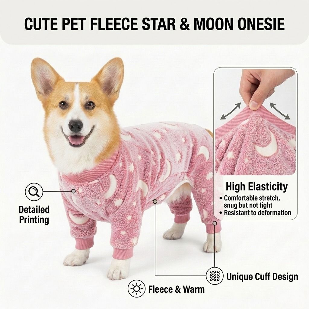 Cozy Winter Pet Fleece Four-Legged Bodysuit, Warm Flannel Full-Body Pajamas for Small to Medium Dogs, Star & Moon Print, Elastic Cuffs for Easy Wear (M, Grey)