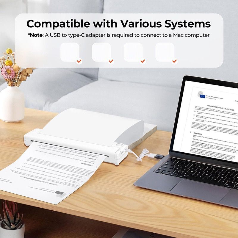 Portable A4 Thermal Printer with Bluetooth Wireless Connectivity, Inkless Printing for Home, Office, and Tattoo Transfer Use on Paper and Various Media (White)