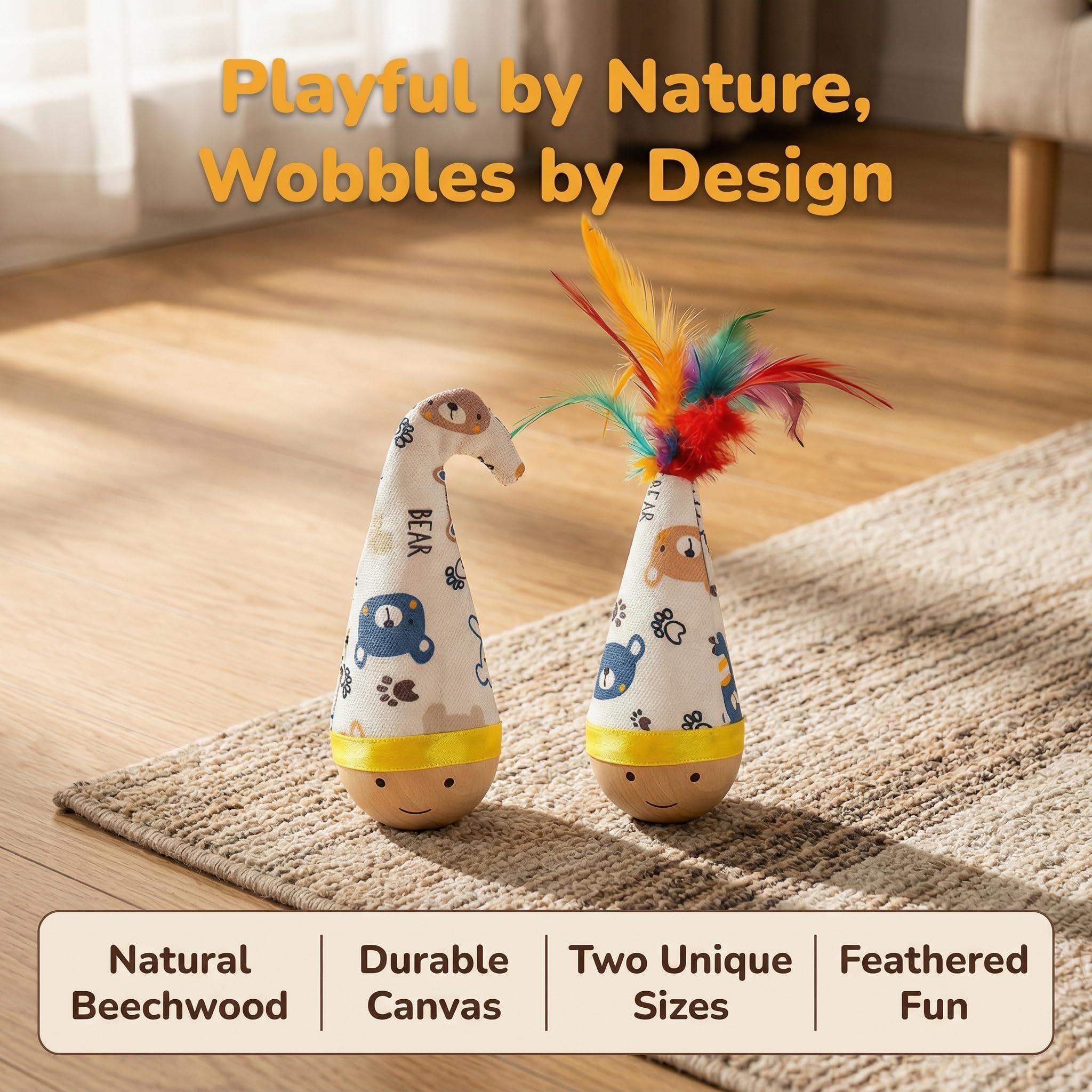 Self-Righting Pet Toy with Natural Wood Base and Durable Fabric Top, Featuring Feather Options and Playful Smile Design, Perfect for Indoor Cats and Small Dogs to Chase, Bat, and Enjoy Endless Fun. (Combo1)