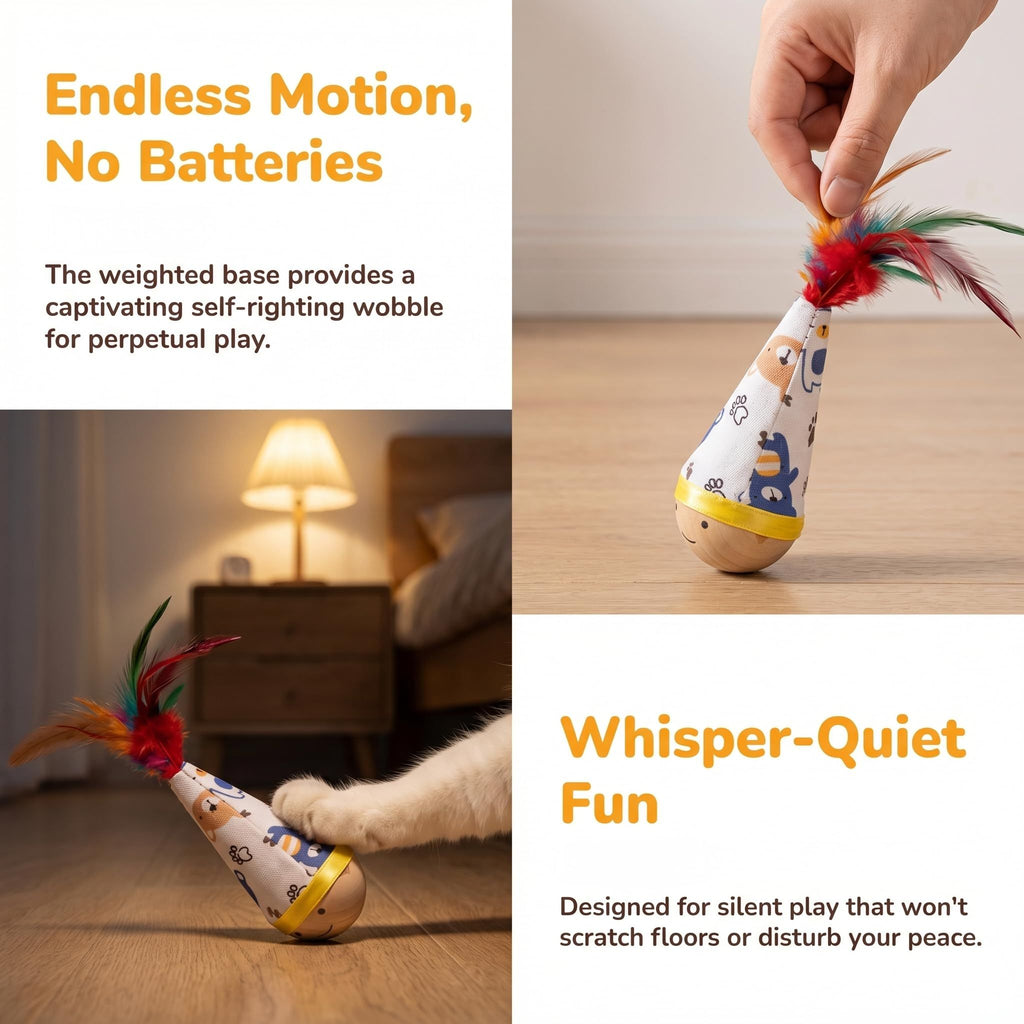 Self-Righting Pet Toy with Natural Wood Base and Durable Fabric Top, Featuring Feather Options and Playful Smile Design, Perfect for Indoor Cats and Small Dogs to Chase, Bat, and Enjoy Endless Fun. (Combo1)