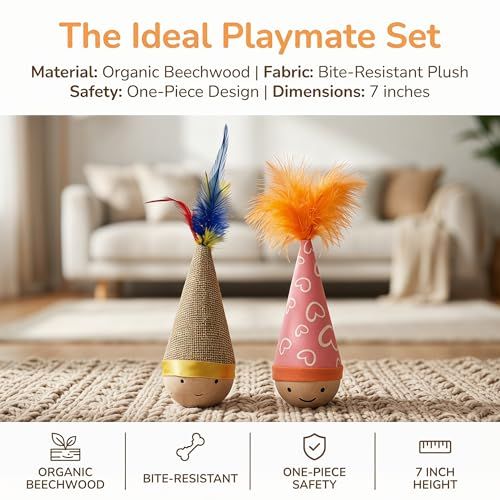 Self-Righting Pet Toy with Natural Wood Base and Durable Fabric Top, Featuring Feather Options and Playful Smile Design, Perfect for Indoor Cats and Small Dogs to Chase, Bat, and Enjoy Endless Fun. (Combo1)