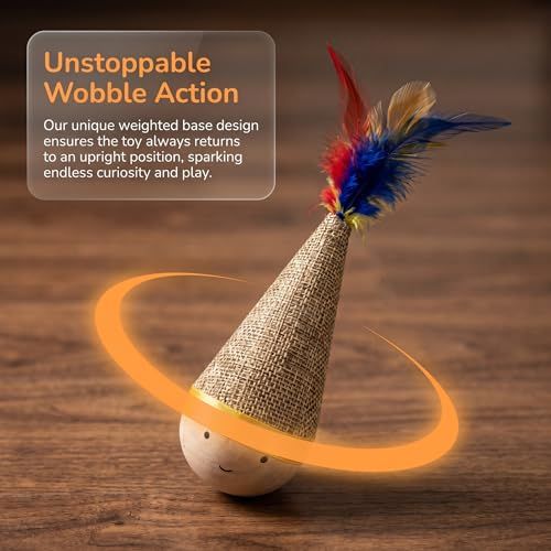 Self-Righting Pet Toy with Natural Wood Base and Durable Fabric Top, Featuring Feather Options and Playful Smile Design, Perfect for Indoor Cats and Small Dogs to Chase, Bat, and Enjoy Endless Fun. (Combo1)