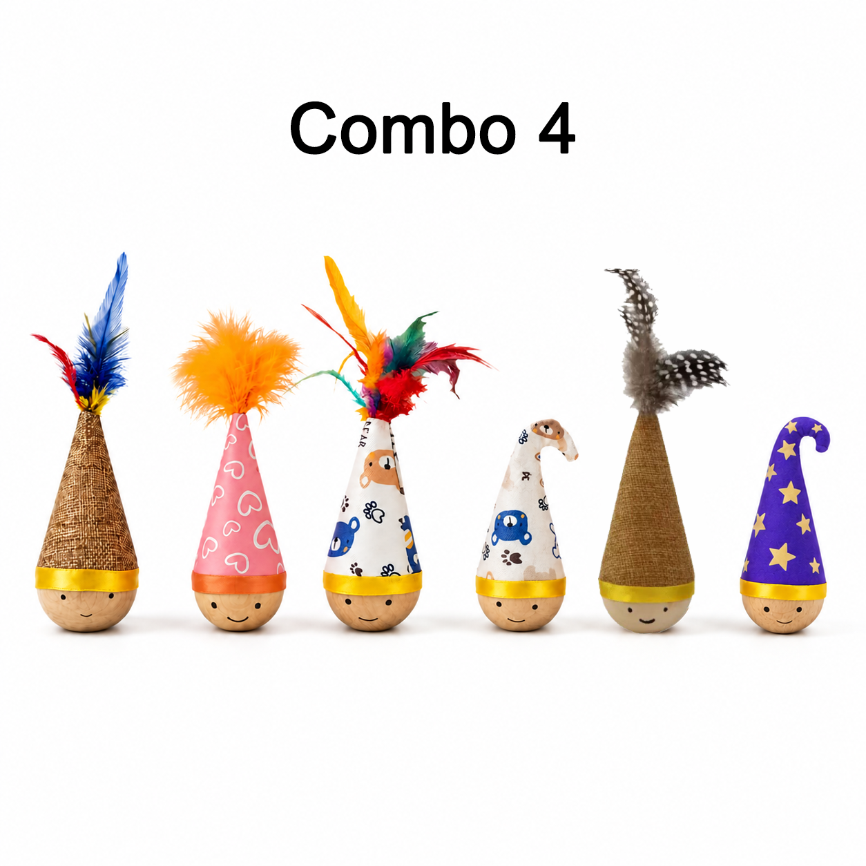 Self-Righting Pet Toy with Natural Wood Base and Durable Fabric Top, Featuring Feather Options and Playful Smile Design, Perfect for Indoor Cats and Small Dogs to Chase, Bat, and Enjoy Endless Fun. (Combo1)