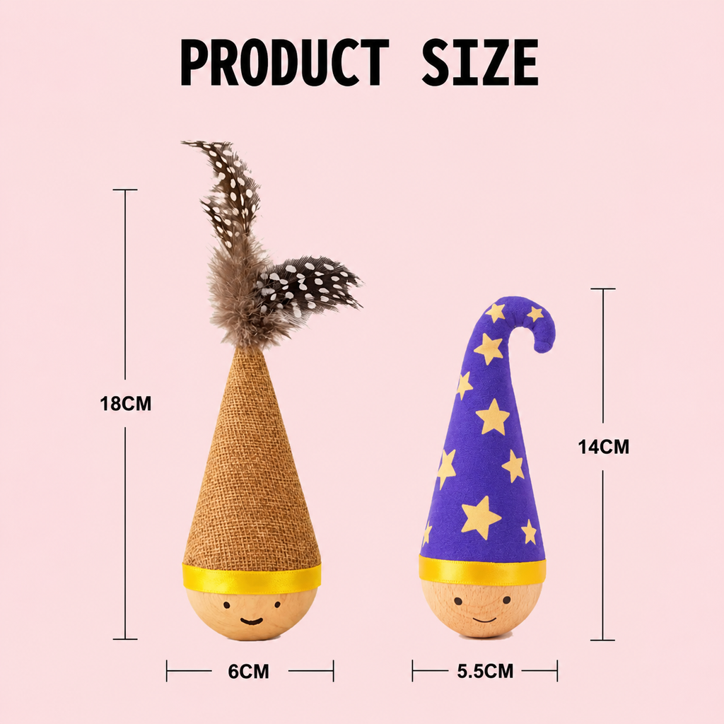 Self-Righting Pet Toy with Natural Wood Base and Durable Fabric Top, Featuring Feather Options and Playful Smile Design, Perfect for Indoor Cats and Small Dogs to Chase, Bat, and Enjoy Endless Fun. (Combo2)
