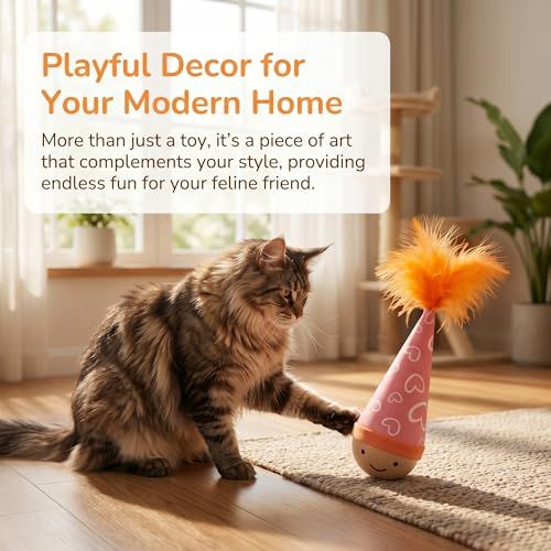 Self-Righting Pet Toy with Natural Wood Base and Durable Fabric Top, Featuring Feather Options and Playful Smile Design, Perfect for Indoor Cats and Small Dogs to Chase, Bat, and Enjoy Endless Fun. (Combo3)