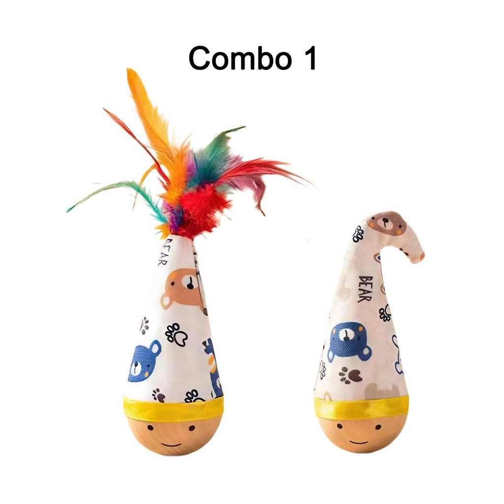 Self-Righting Pet Toy with Natural Wood Base and Durable Fabric Top, Featuring Feather Options and Playful Smile Design, Perfect for Indoor Cats and Small Dogs to Chase, Bat, and Enjoy Endless Fun. (Combo3)