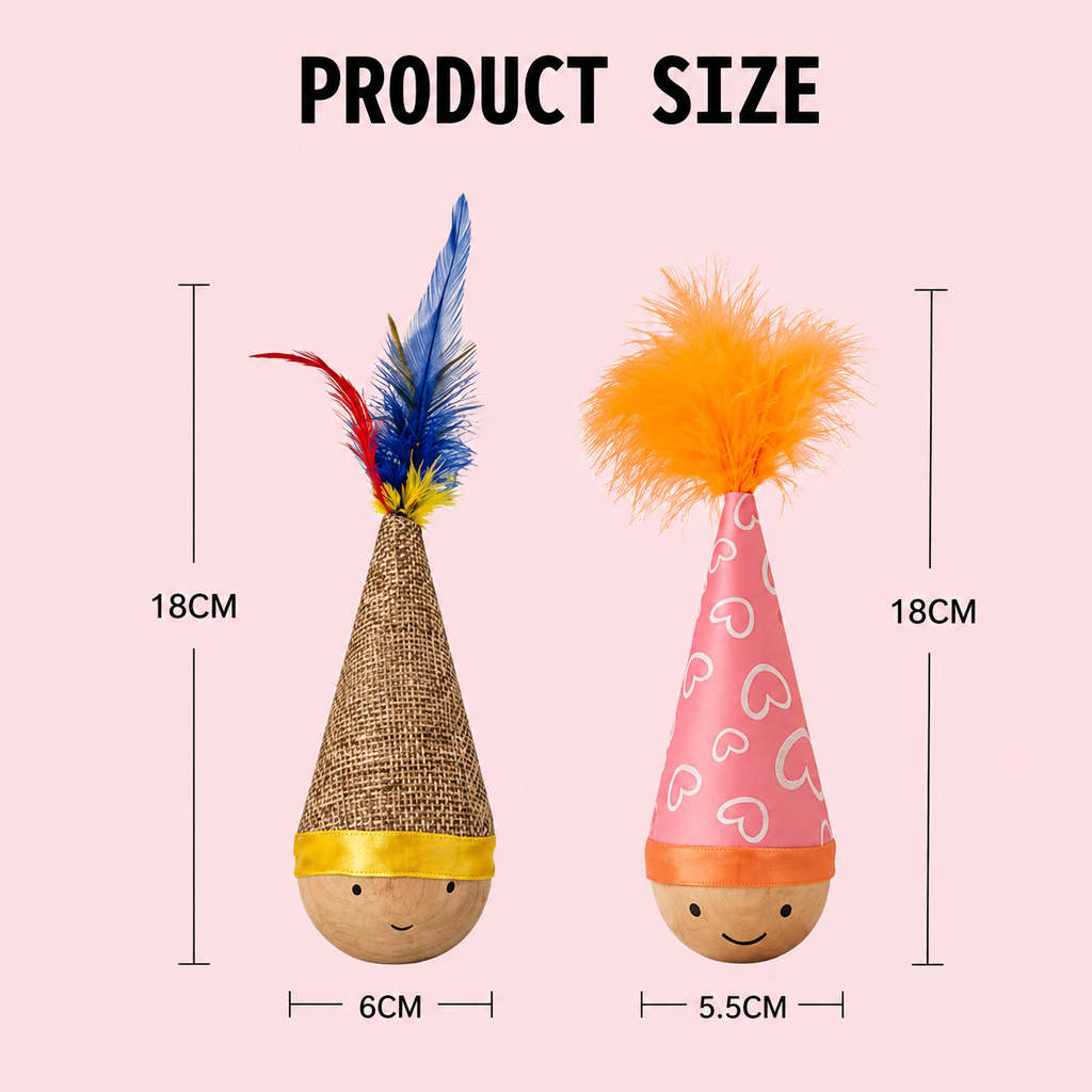 Self-Righting Pet Toy with Natural Wood Base and Durable Fabric Top, Featuring Feather Options and Playful Smile Design, Perfect for Indoor Cats and Small Dogs to Chase, Bat, and Enjoy Endless Fun. (Combo3)