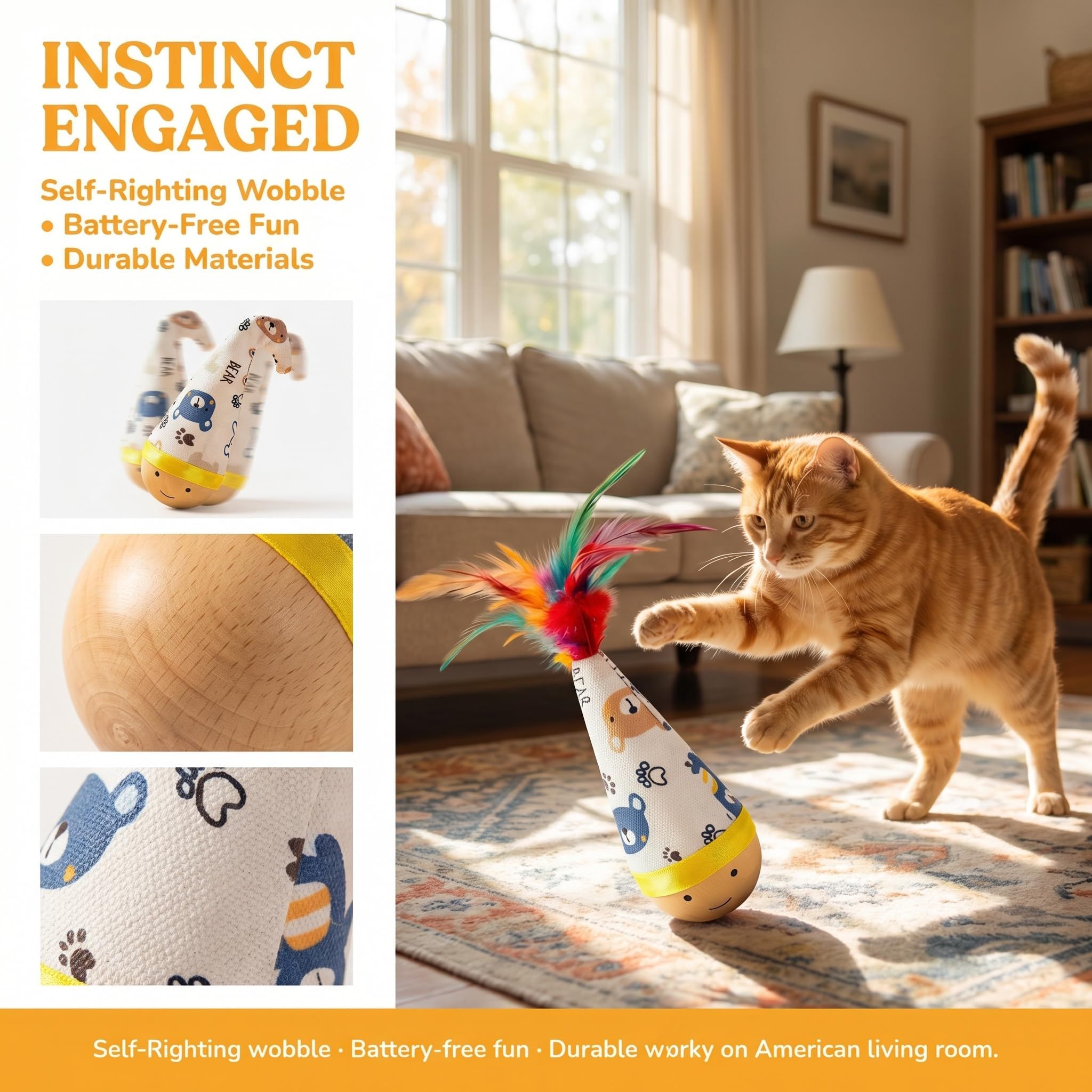 Self-Righting Pet Toy with Natural Wood Base and Durable Fabric Top, Featuring Feather Options and Playful Smile Design, Perfect for Indoor Cats and Small Dogs to Chase, Bat, and Enjoy Endless Fun. (Combo4(6in1))