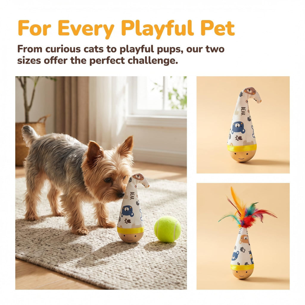 Self-Righting Pet Toy with Natural Wood Base and Durable Fabric Top, Featuring Feather Options and Playful Smile Design, Perfect for Indoor Cats and Small Dogs to Chase, Bat, and Enjoy Endless Fun. (Combo4(6in1))