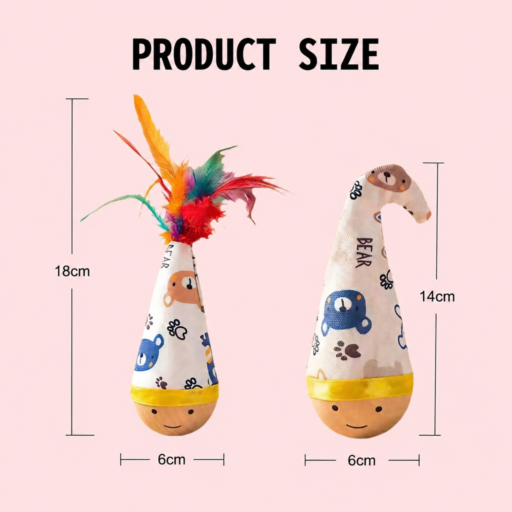 Self-Righting Pet Toy with Natural Wood Base and Durable Fabric Top, Featuring Feather Options and Playful Smile Design, Perfect for Indoor Cats and Small Dogs to Chase, Bat, and Enjoy Endless Fun. (Combo4(6in1))