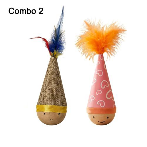 Self-Righting Pet Toy with Natural Wood Base and Durable Fabric Top, Featuring Feather Options and Playful Smile Design, Perfect for Indoor Cats and Small Dogs to Chase, Bat, and Enjoy Endless Fun. (Combo4(6in1))