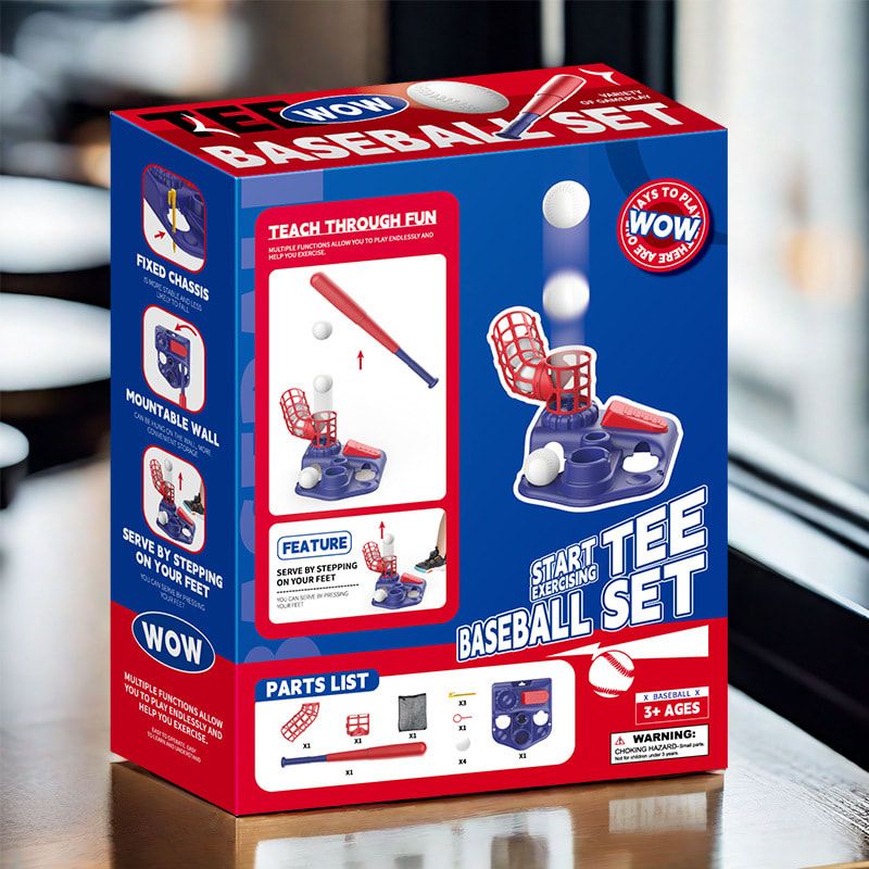 2-in-1 Kids Baseball Training Toy Set with Automatic Pitching and T-Ball Stand, Indoor and Outdoor Practice for Ages 3+ (2IN1, Red)