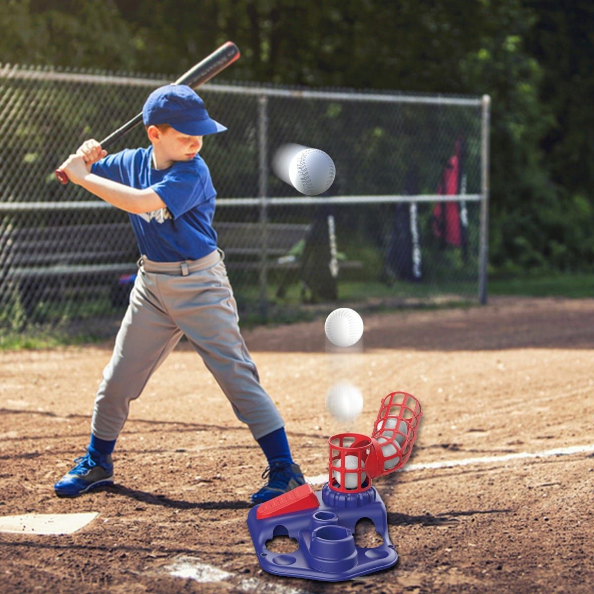 2-in-1 Kids Baseball Training Toy Set with Automatic Pitching and T-Ball Stand, Indoor and Outdoor Practice for Ages 3+ (PracticeSet, Red)