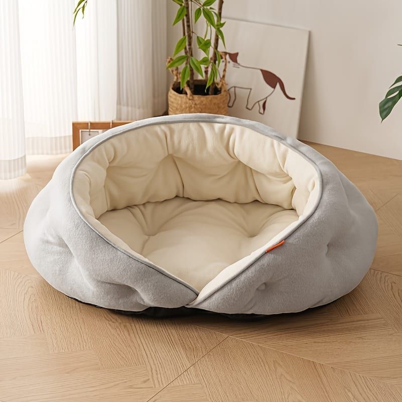 Semi-Enclosed Pet Bed with Plush Comfort and Anti-Slip Base – Ideal for Cats and Small to Medium Dogs Seeking a Cozy, Secure Sleep Spot for All Seasons (L, Blue)
