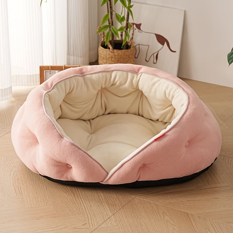 Semi-Enclosed Pet Bed with Plush Comfort and Anti-Slip Base – Ideal for Cats and Small to Medium Dogs Seeking a Cozy, Secure Sleep Spot for All Seasons (L, Blue)