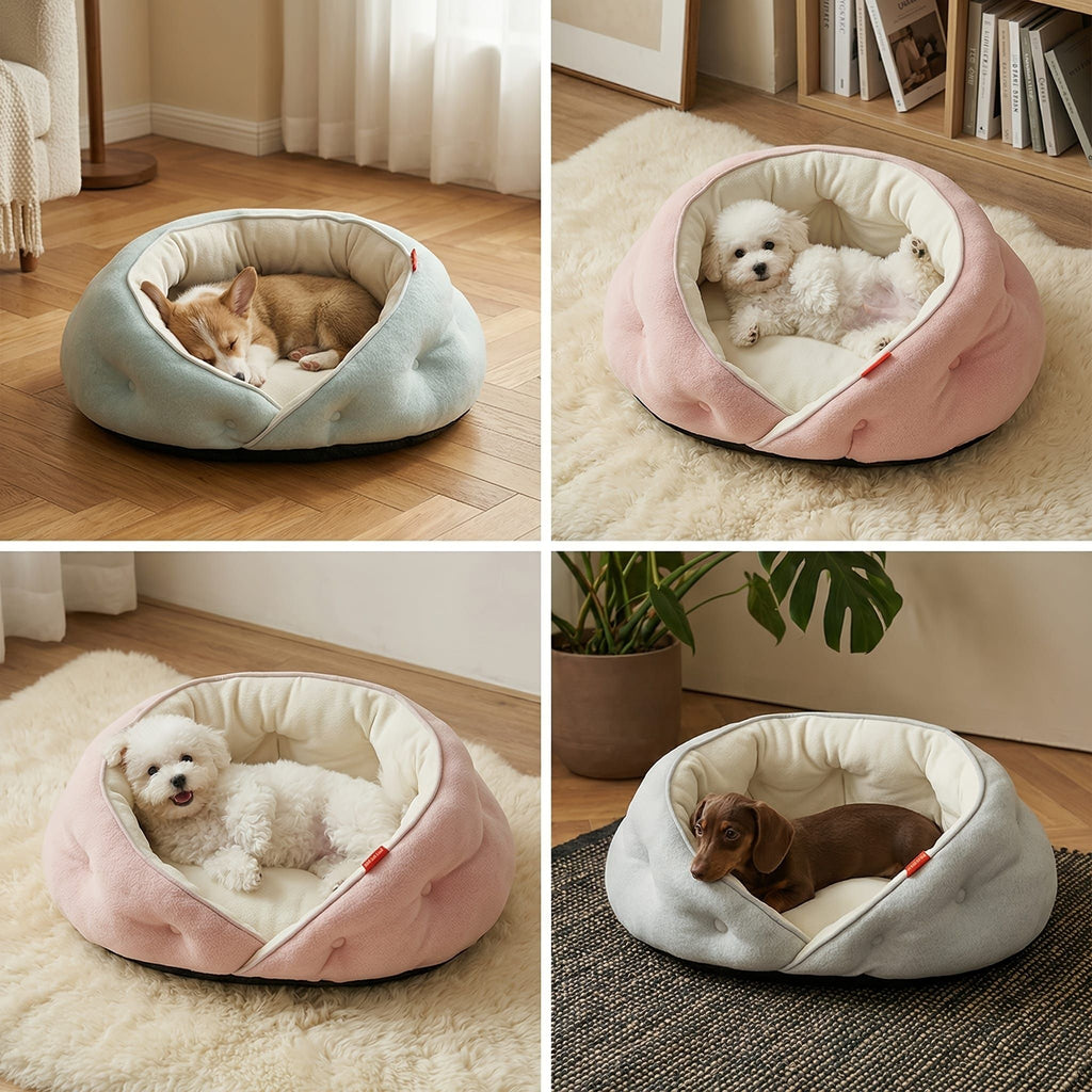 Semi-Enclosed Pet Bed with Plush Comfort and Anti-Slip Base – Ideal for Cats and Small to Medium Dogs Seeking a Cozy, Secure Sleep Spot for All Seasons (S, Pink)