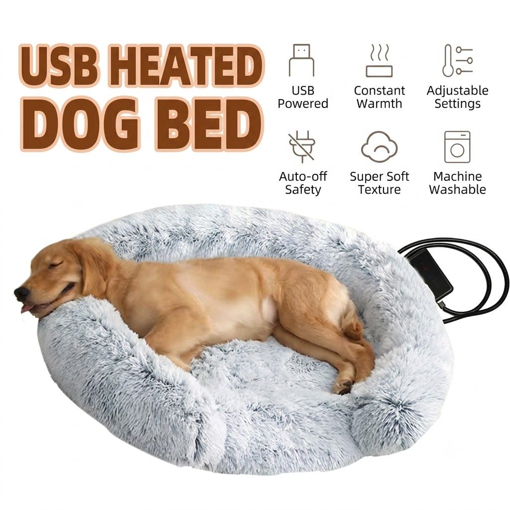 USB Heated Pet Bed with Semi-Enclosed Design, Soft Plush Fleece, Removable Washable Cover, 5-Temperature Control, Auto Shut-Off, Ideal for Cats and Dogs in Cold Weather (70cm, Grey)